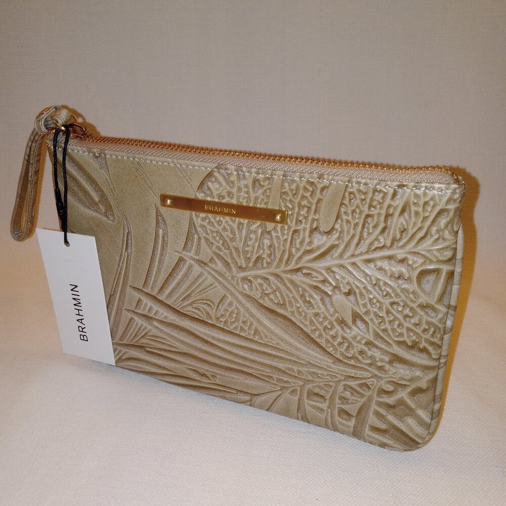Brahmin Sally Wristlet/Cosmetic Bag Embossed Palm Leaf Print Leather Taupe NWT - Picture 3 of 12